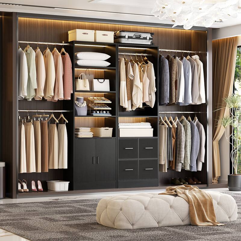 Rackcog Set of 2 Closet Organizer with Cabinet and Drawers, Closet System with Adjustable Hanging Rods and Shelves - Black