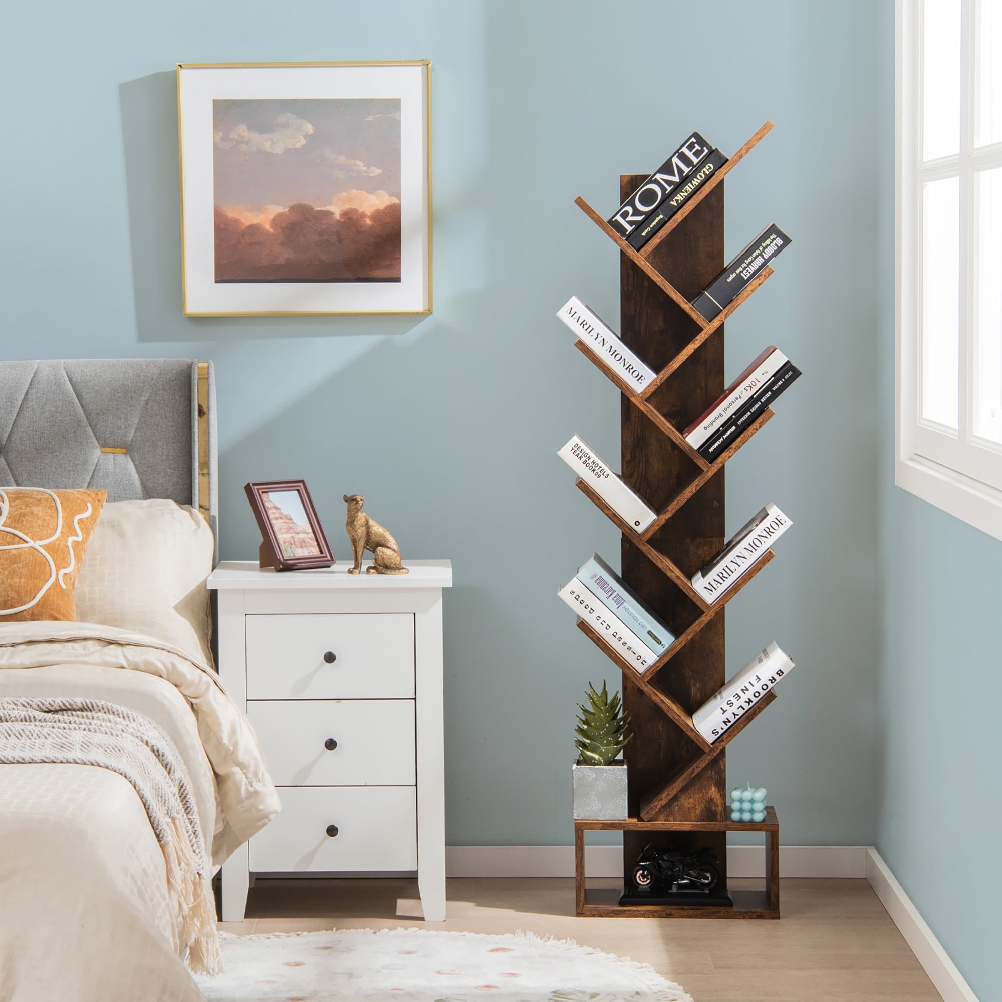 Costway 8-shelf Bookcase Freestanding Tree shelf Display Storage Stand  Coffee