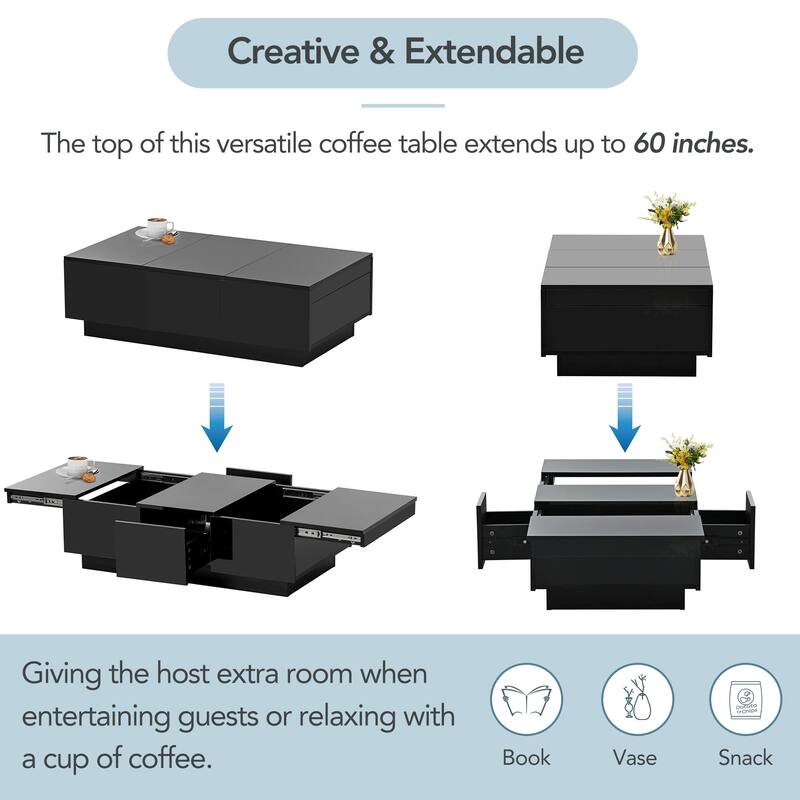 Extendable Coffee Table, Rectangle Center Table w/ 2 Drawers,High-Gloss Hidden Storage Wood Cocktail Table for Living Room