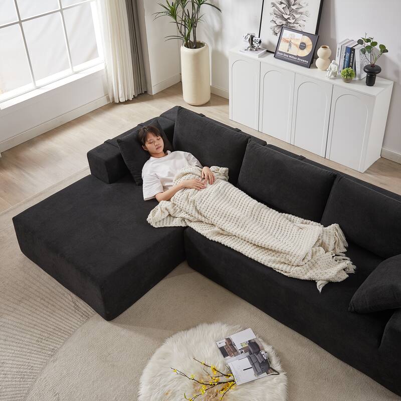 Modern Chenille Upholstered Sectional Sofa Couch Set,Modular L Shaped Sectional Living Room Sofa Set With 6 Pillows(Left Chaise)