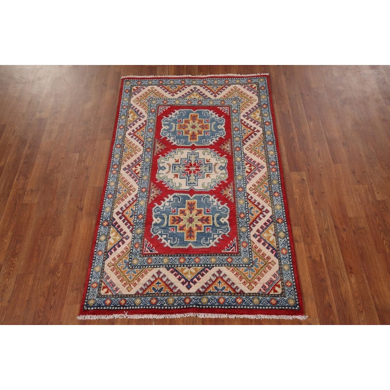 Traditional Kazak Accent Rug Hand-Knotted Red Wool Carpet - 3'3" x 5'4"