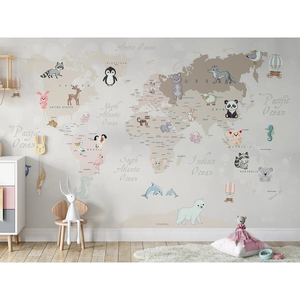 slide 2 of 3, GK Wall Design Kids World Map Baby Land and Sea Creatures Animals Oceans Peel&Stick Wallpaper