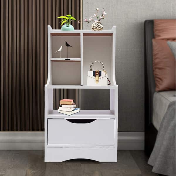 slide 2 of 15, Wood Nightstand with Drawer and Shelf Multifunctional Bedside Cabinet