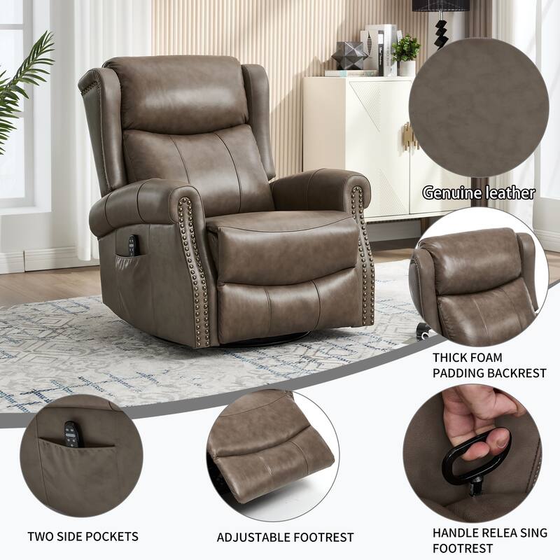 Manual Recliner Chair with Heat & Massage, Genuine Leather Swivel Recliner Chair, Lounge Sofa Chair with Side Pockets
