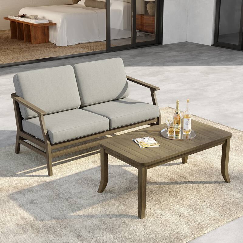 Outdoor Loveseat Sofa with Coffee Table Teak Wood Patio Furniture