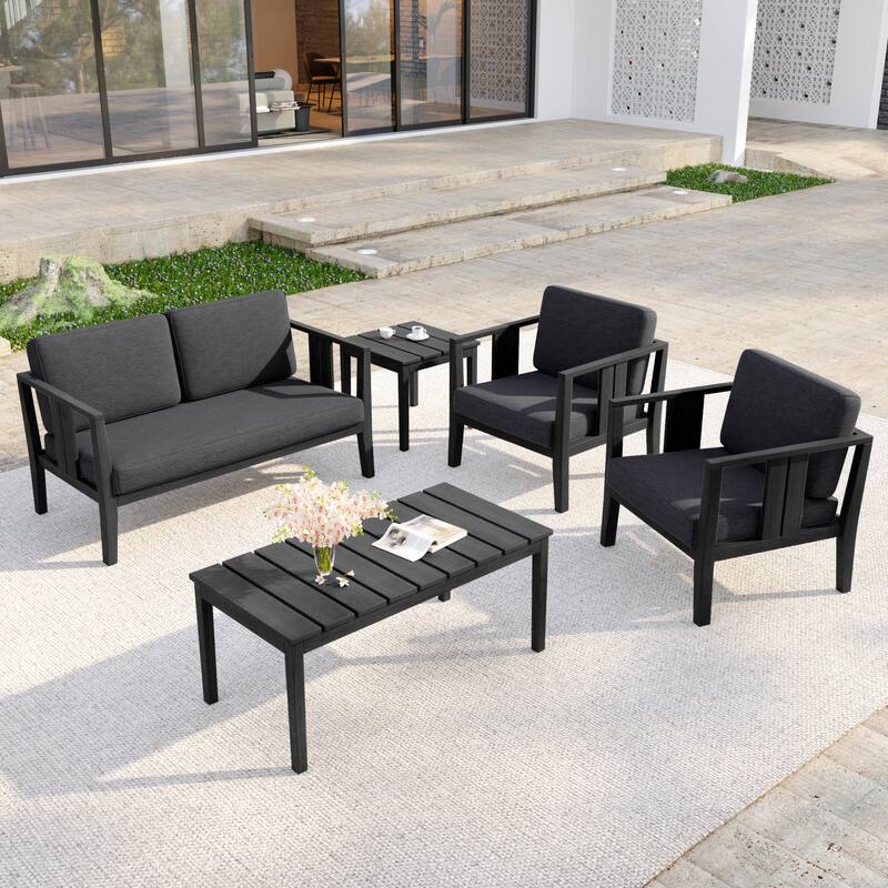 5-Piece Casual Outdoor Patio Furniture Set In Solid Teak Wood - Dark Wood - Dark Grey