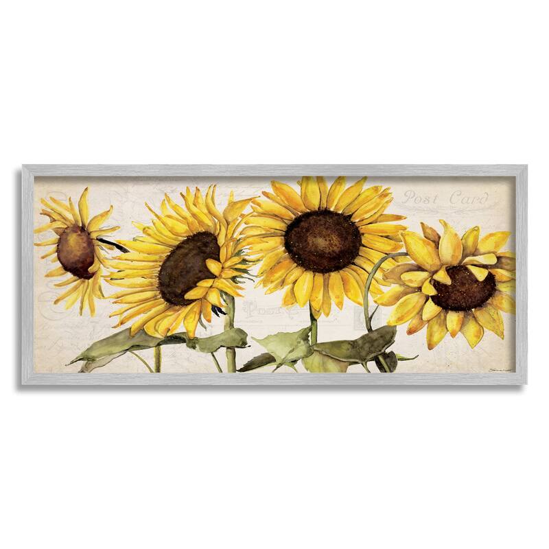 Stupell Summer Sunflower Florals Vintage Postcard Text Pattern Framed Wall Art - Yellow - 30 x 13 - Grey