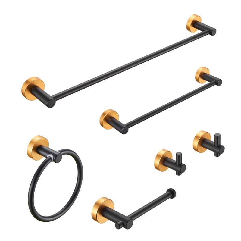 6 Piece Bathroom Hardware Set Wall Mount Adjustable Towel Bar, Hand Towel Ring, Toilet Paper Holder Towel Robe Hook Modern Sets - Black & Gold