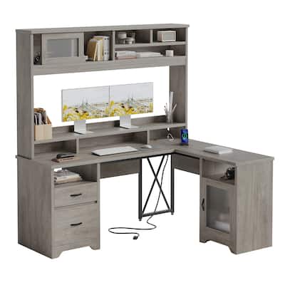 Bestier 63" L Shaped Ergonomic Computer Desk with Hutch and Power Hub, Home Office Desk with Sunlight Door & LED Light