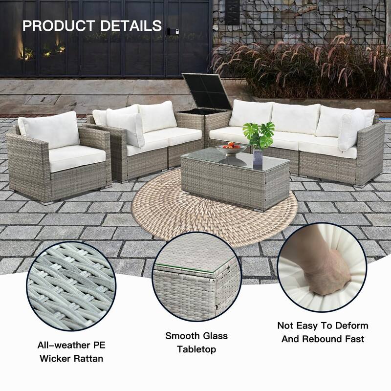 8-Pieces Wicker Outdoor Sectional Set with Glass Coffee Table and Cushions