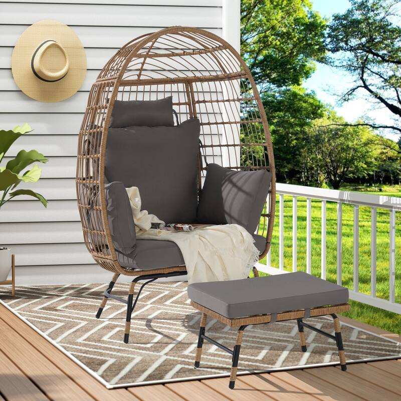 Wicker Egg Chair with Ottoman, Oversized Indoor Outdoor Lounger for Patio, Backyard, Living Room - Dark Gray