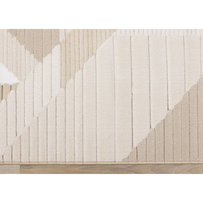 Elizabeth Collection - Beige/Blue Carved Geometric Modern Rug