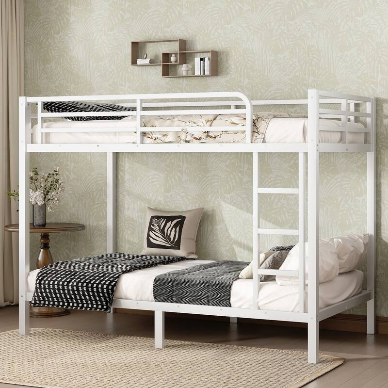 Roomfitters Metal Twin/Full Bunk Bed Frame with Ladder & Safety Rail, Heavy-Duty Space-Saving Design, White - Off White - Twin