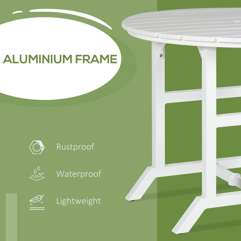 Outsunny Round Patio Table with Umbrella Hole, Outdoor Dining Table for 4 People, Aluminum Frame and Slatted HDPE Tabletop