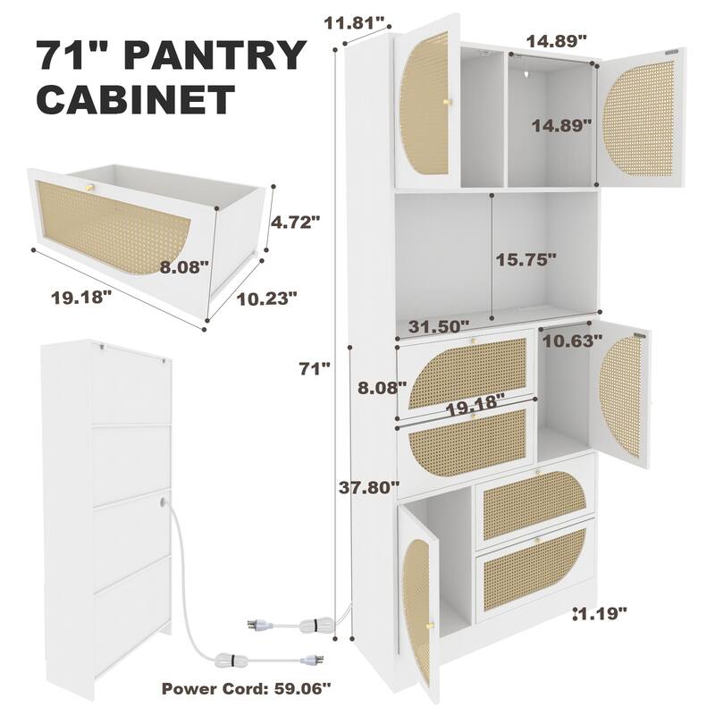 Modern Rattan Door Hutch Cabinet with Power Outlet, Tall Freestanding Pantry with Drawers and Shelves, Buffet Sideboard