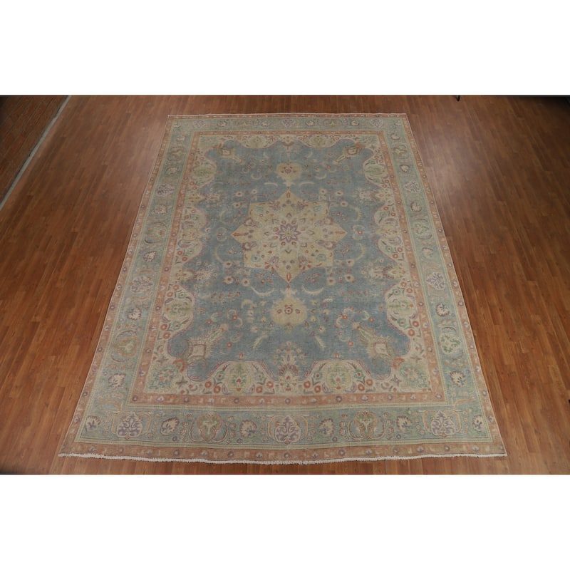 Blue Tabriz Persian Vintage Rug Hand-Knotted Wool Carpet - 9'9" x 13'1"