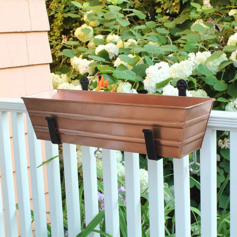 Achla Designs 22" W Rectangle Galvanized Steel Flower Box w/ Black Wrought Iron Clamp-On Brackets, Planter