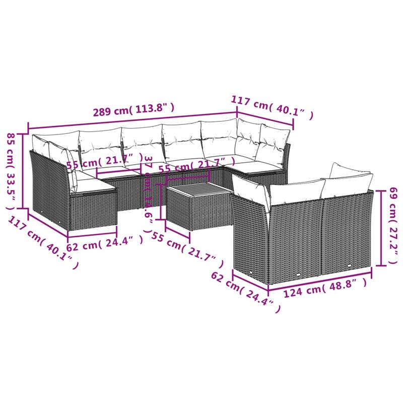 vidaXL Patio Sofa Set with Cushions Outdoor Furniture 10 Piece Poly Rattan - 24.4x 24.4x 27.2