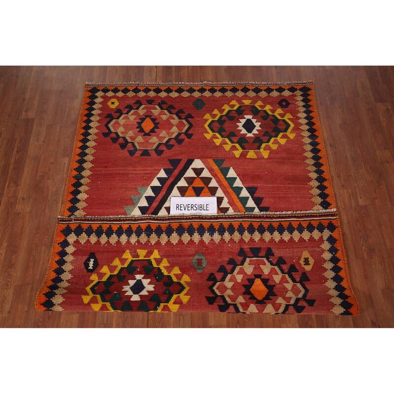 Kilim Qashqai Persian Vintage Area Rug Hand-Woven Orange Wool Carpet - 4'11"x 6'8"