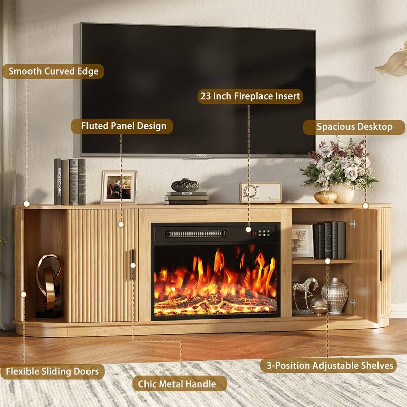 BOSSIN 70" Electric Fireplace TV Stand with Fluted Design, Curved Edges, 7 Flame Colors & 8H Timer, Holds Up to 80" TV, Black