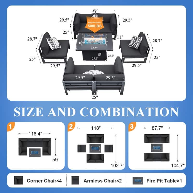 FINCATI 7 Pcs Patio Furniture Set Outdoor Sectional Sofa Set with Firepit Table - 7 Pieces
