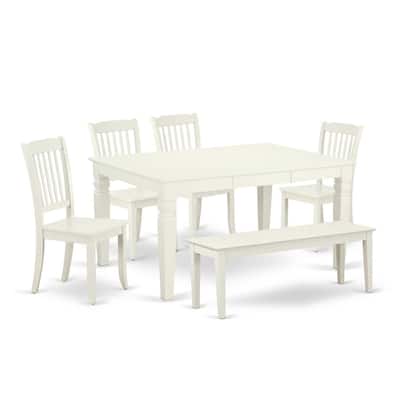 Rectangular Dining Set - 6 Piece Table & Chair Set - Linen White Finish - Kitchen Dinette - 60