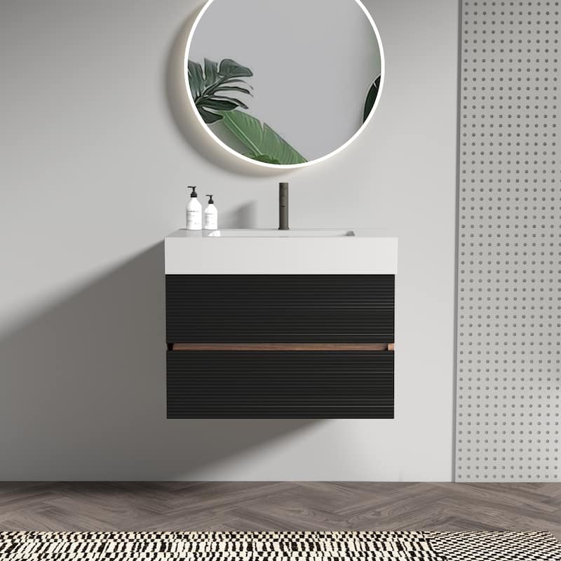 30" Bathroom Vanity with Sink Engineered Quartz Sink and Soft Black Drawers, Wall Mounted Floating Bathroom Vanity - Black,Glossy White