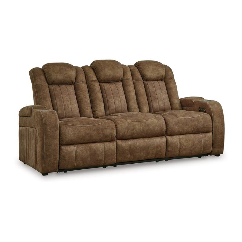 Alexy Power Recliner Sofa, USB, Storage, Brown Faux Leather 86 Inch