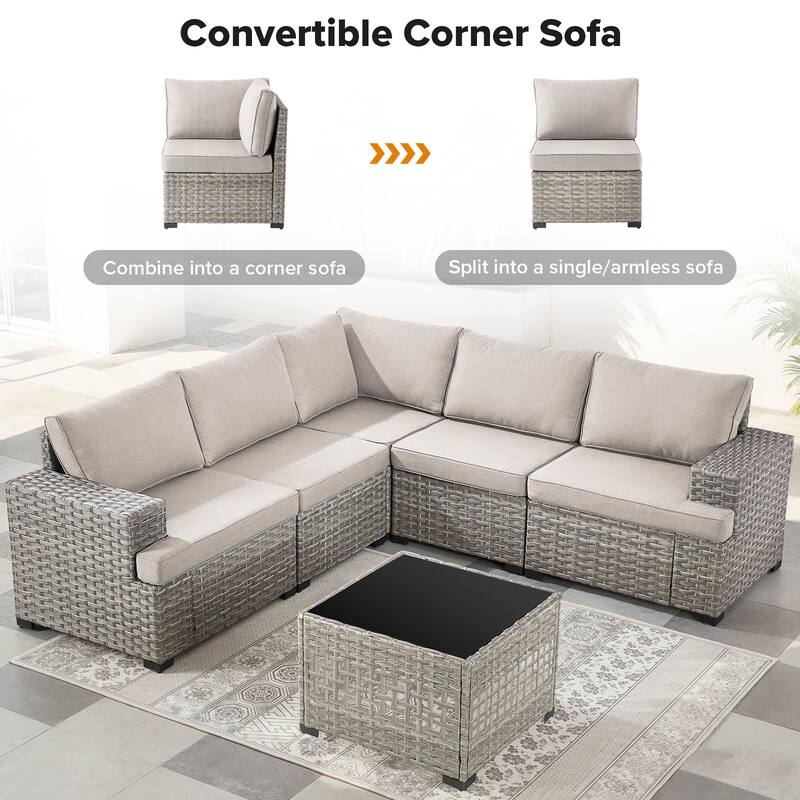 Gymojoy Outdoor Wicker Sectional Sofa Set with Glass Table, Wide Armrests & Water-resistant Cushions, Patio Furniture for Garden