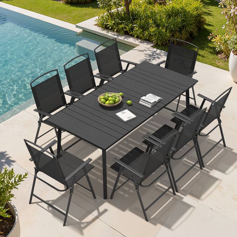 9-Piece Outdoor Dining Set Rectangle Patio Dining Table with Umbrella Hole and Folding Chairs - Black Table with Black Chairs