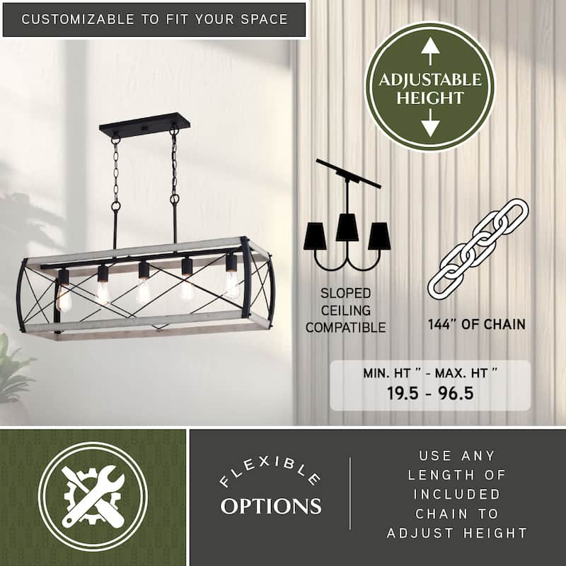 Montclare 5L Black and White Ash Wood Farmhouse Cage Linear Chandelier Island Pendant Light Fixture