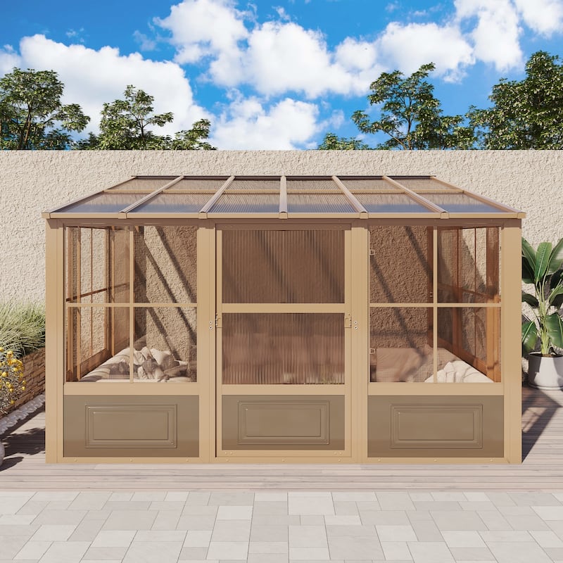 Erommy Wall Mounted Sunroom with Sliding Doors, All-Season Aluminum Patio Gazebo, Outdoor Permanent Sunroom Shelter - 10' x 12' - Brown