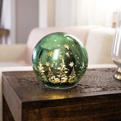 LED Lighted Pine Trees and Snowflakes Glass Globe Christmas Decoration - 6"