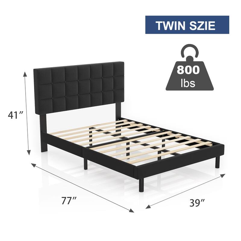 Bed Frame with Upholstered Headboard, Gray Metal Frame Wooden Slats Support.