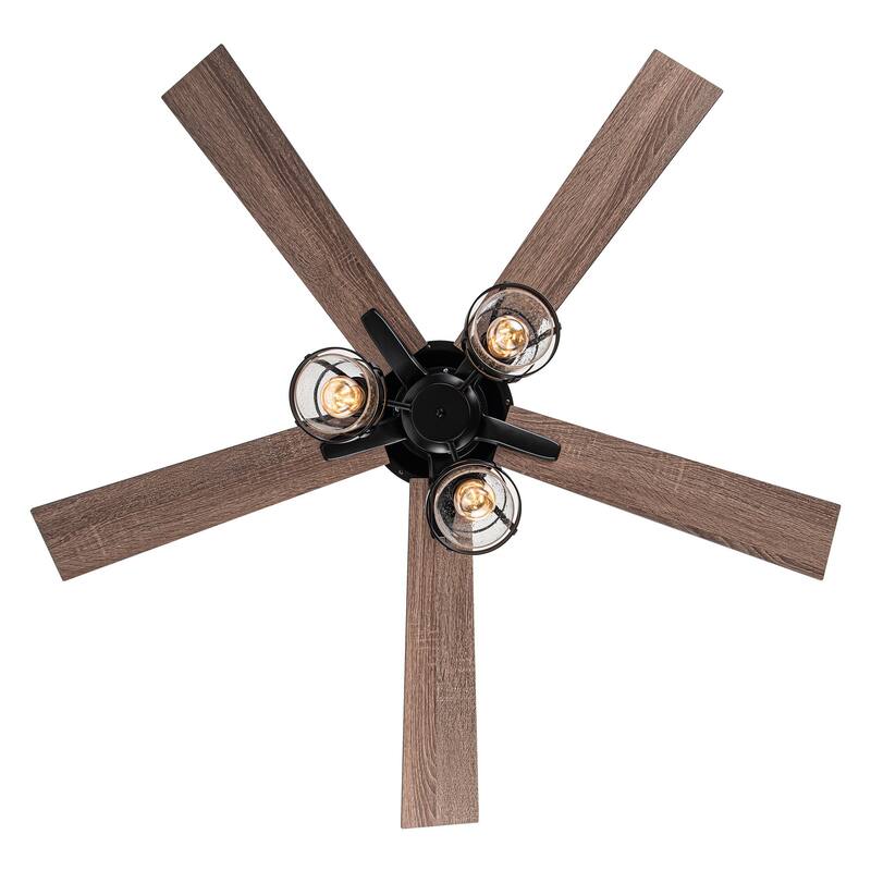 52" Industrial Matte Black Wood 3-Light Glass Ceiling Fan Chandelier with Remote