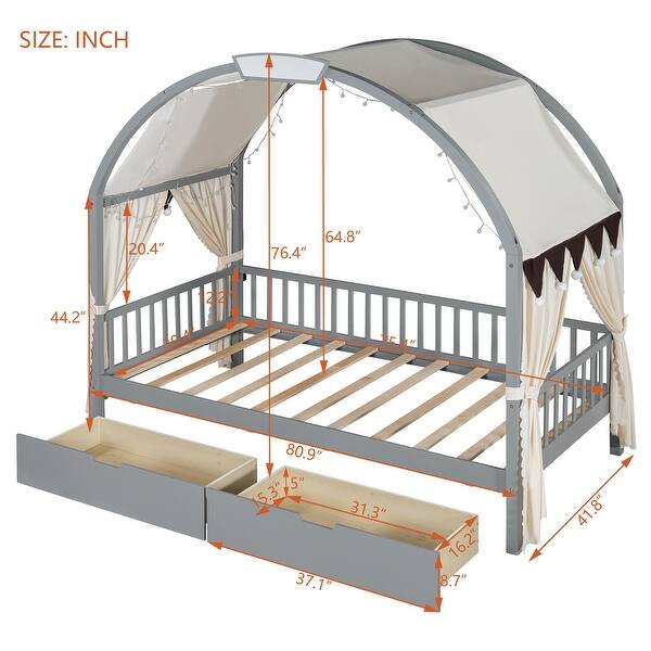 dimension image slide 1 of 2, Twin Ground-Level Canopy Bed with Tent and Drawers,Kids Bed Design