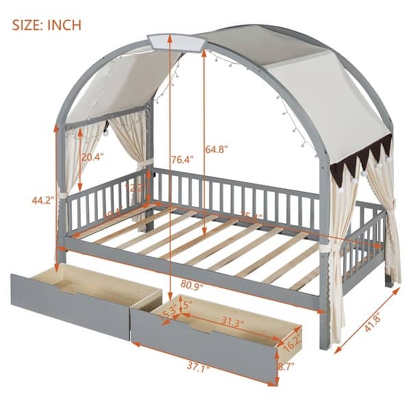 Twin Size Daybed with Arched Roof, 2 Drawers, Wood House Canopy Bed with Fabrics Curtain and Light Strip for Kids Teens, Gray