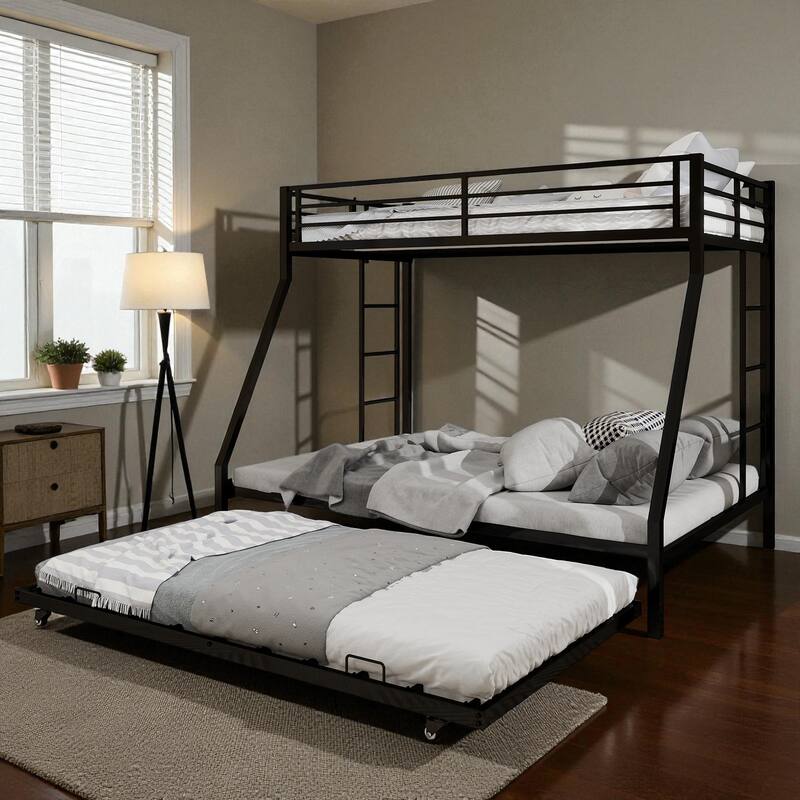 Full Size Metal Bunk Bed with Ladder and Rolling Trundle, Square Tube Frame, Heavy-Duty Triple-Sleeper for Home or Dorm