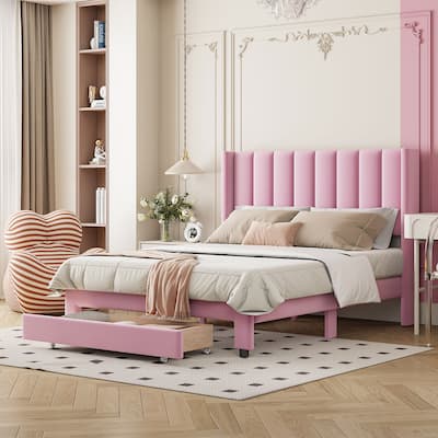 Velvet Upholstered Storage Platform Bed with a Drawer