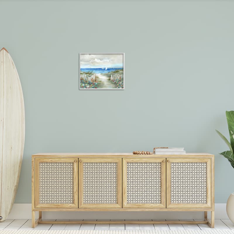 Stupell Gorgeous Beach Scene Poppies Blooming White Fence Ocean Framed Wall Art - Blue