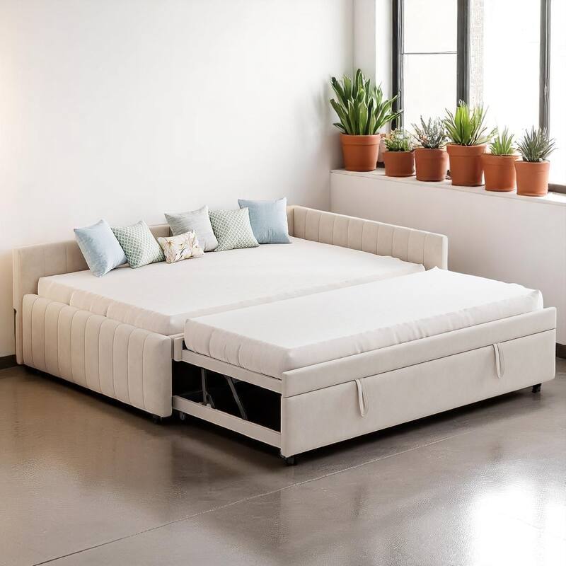 Stylish Full Size Daybed with Pull-Out Twin Trundle, L-Shaped Backrest, and No Box Spring Required