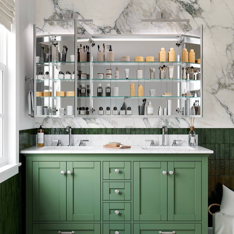 48x30 in Tri-View Mirrored Medicine Cabinet, 3-Door Triple Swing, Copper-Free, Blum Soft-Close, Recessed/Surface