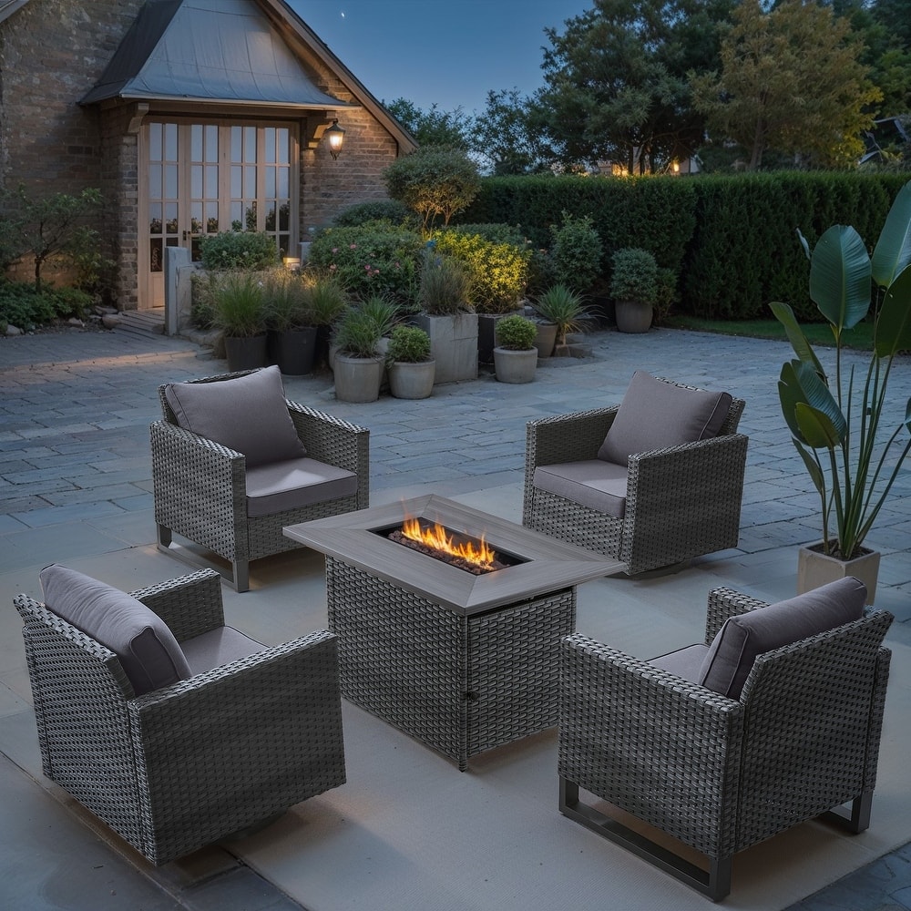 5 Pieces Patio Wicker with Fire Pit Table - Grey cushion