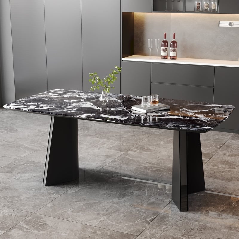 63" Modern Black Faux Marble Dining Table, Luxury Style Seats 4-6