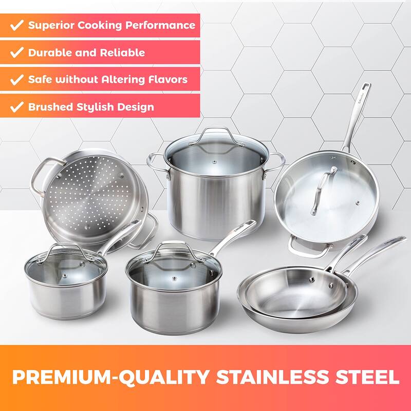 Pots and Pans Set 11Piece, Stainless Steel Cookware Set, Includes Saucepans, Skillets, Stockpot