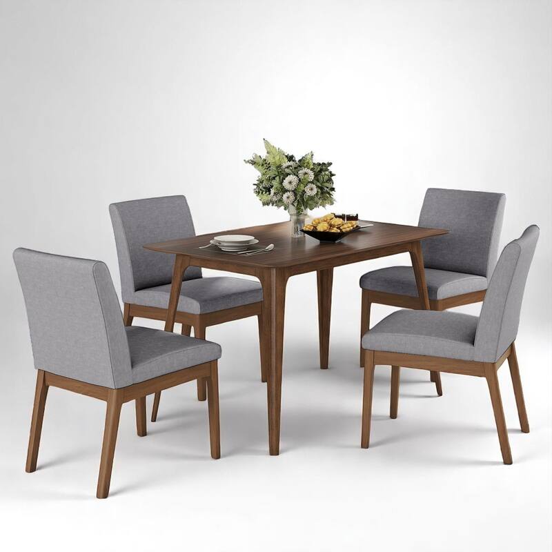 5-Piece Dining Table Set with Faux Wood Top Table and Upholstered Rubberwood Chairs, Modern Style