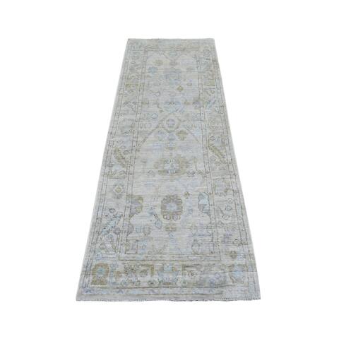 Hand Knotted Grey Oushak And Peshawar with Wool Oriental Rug (2'7" x 7'9") - 2'7" x 7'9"