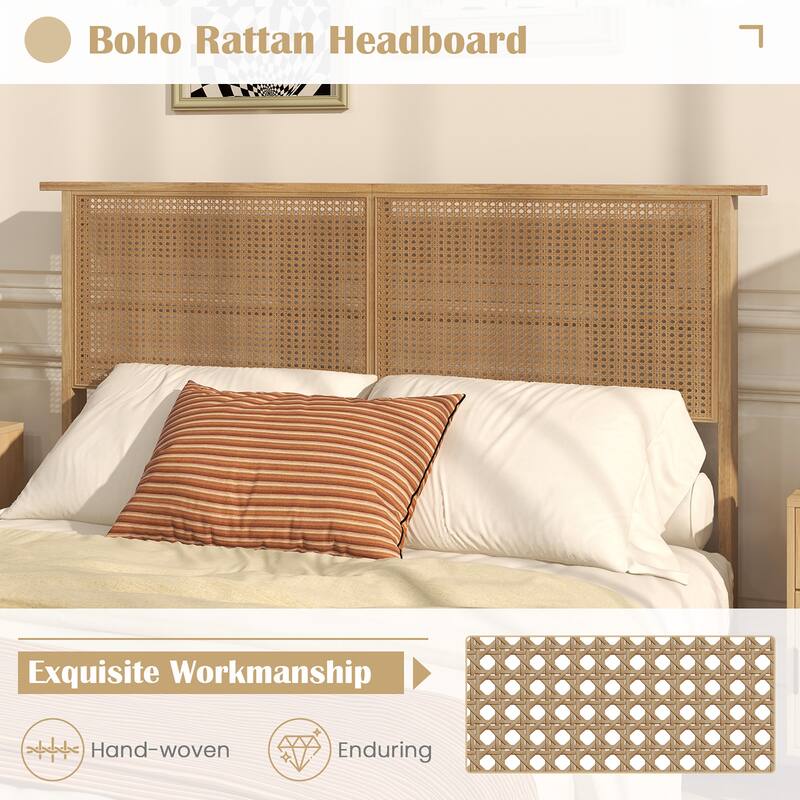 Gymax Twin/Full/Queen Size Bed Frame w/ Rattan Headboard 10 Solid Wood