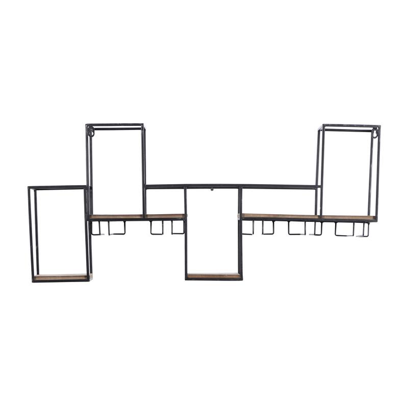 Black Metal 7 Bottle Geometric Wall Wine Rack with 5 Glass Holder Slots