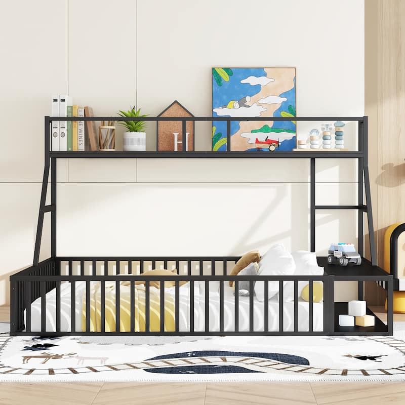 Full Size Metal Floor Panel Bed with Safety Fence and Desk and Storage Shelves